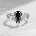 Coffin Cut Black Moissanite Spooky Engagement Ring Set 2pcs - Dainty Bat Ring