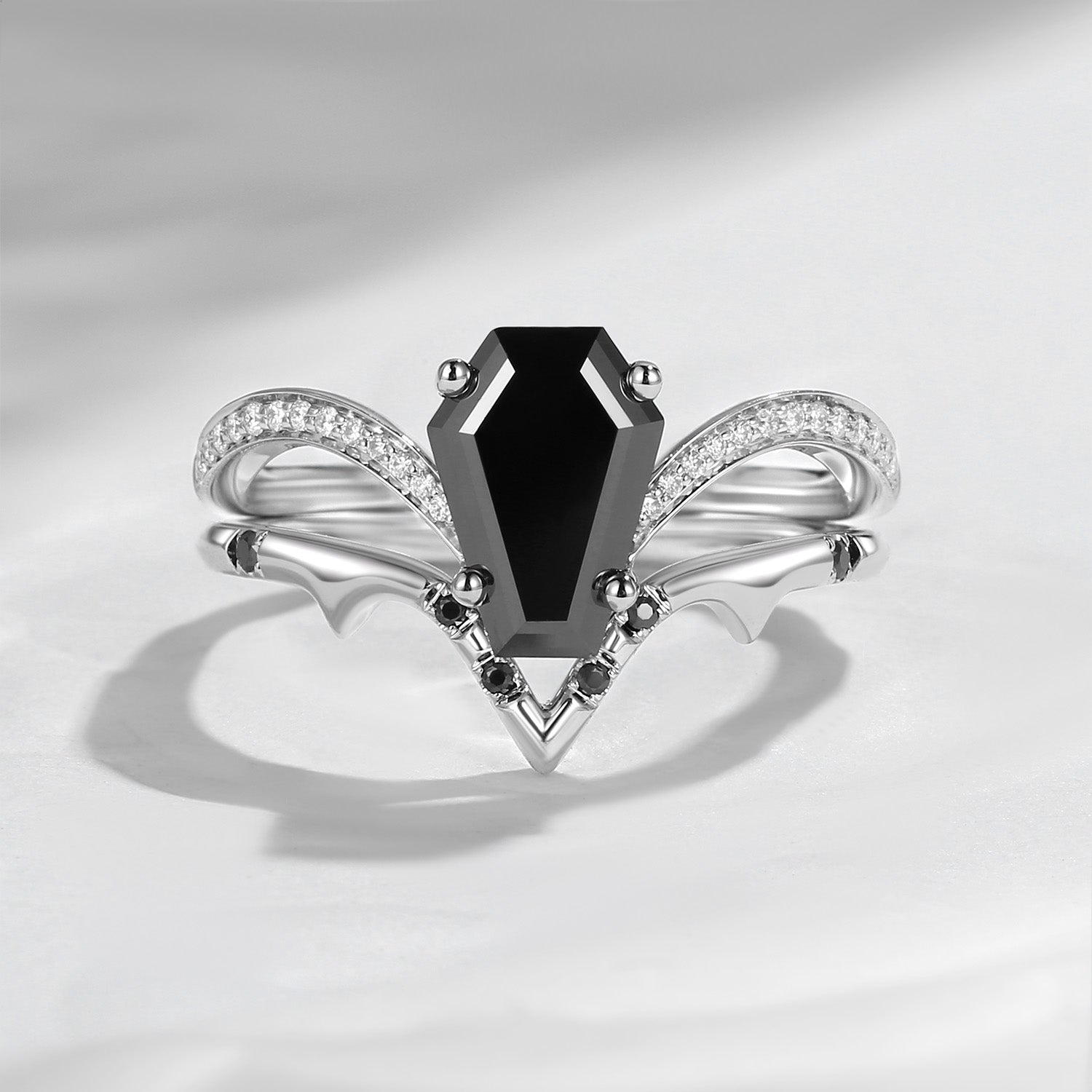 Coffin Cut Black Moissanite Spooky Engagement Ring Set 2pcs - Dainty Bat Ring