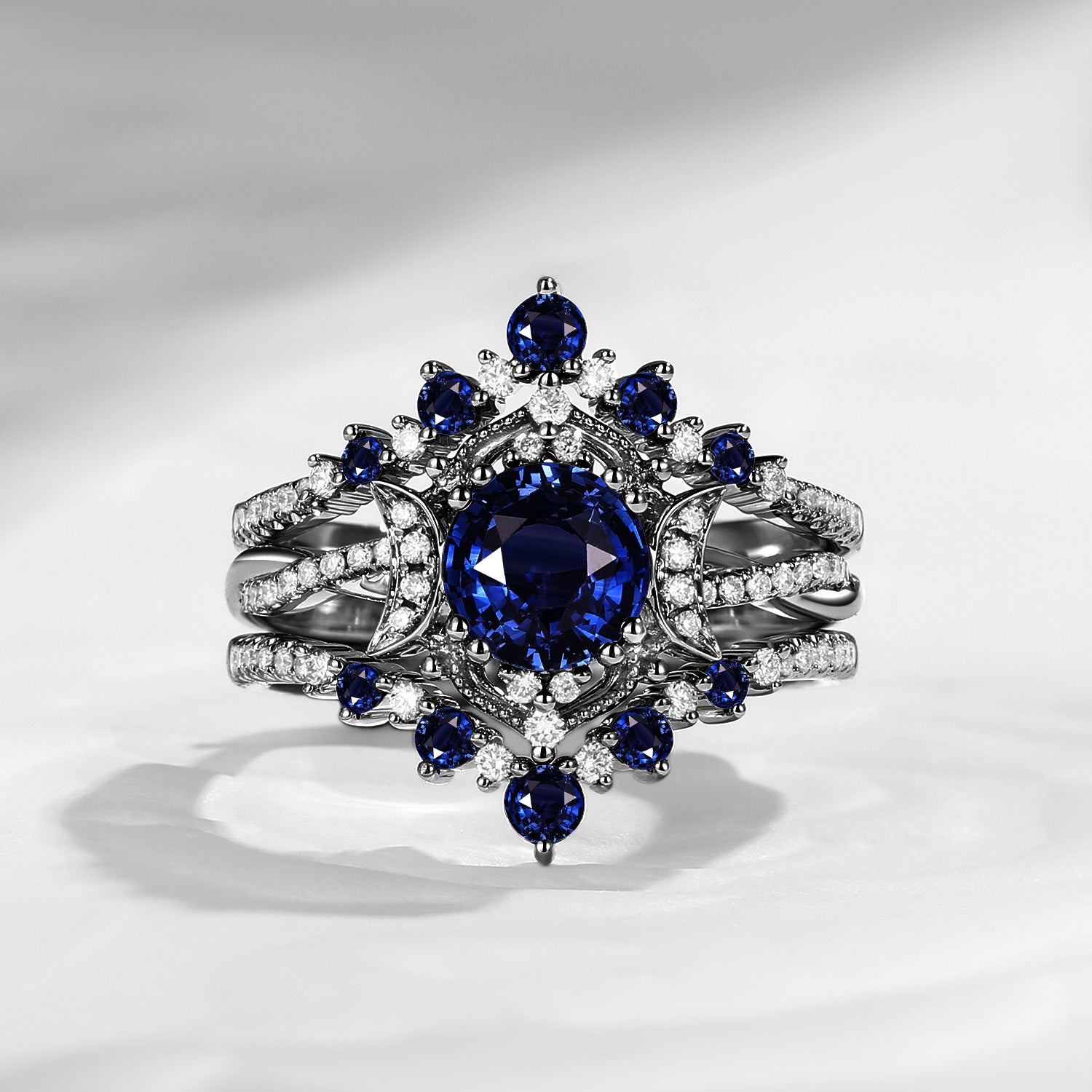 Crescent moon | Unique Infinity Round Natural Sapphire Engagement Ring Set 3pcs