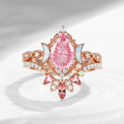 Crescent Moon | Fantasy Carved Pear Lab Pink Sapphire 'Ultra Galaxy' Engagement Ring Set 2pcs