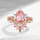 Crescent Moon | Pear Cut Lab Pink Sapphire 'Ultra Galaxy' Engagement Ring Set 2pcs