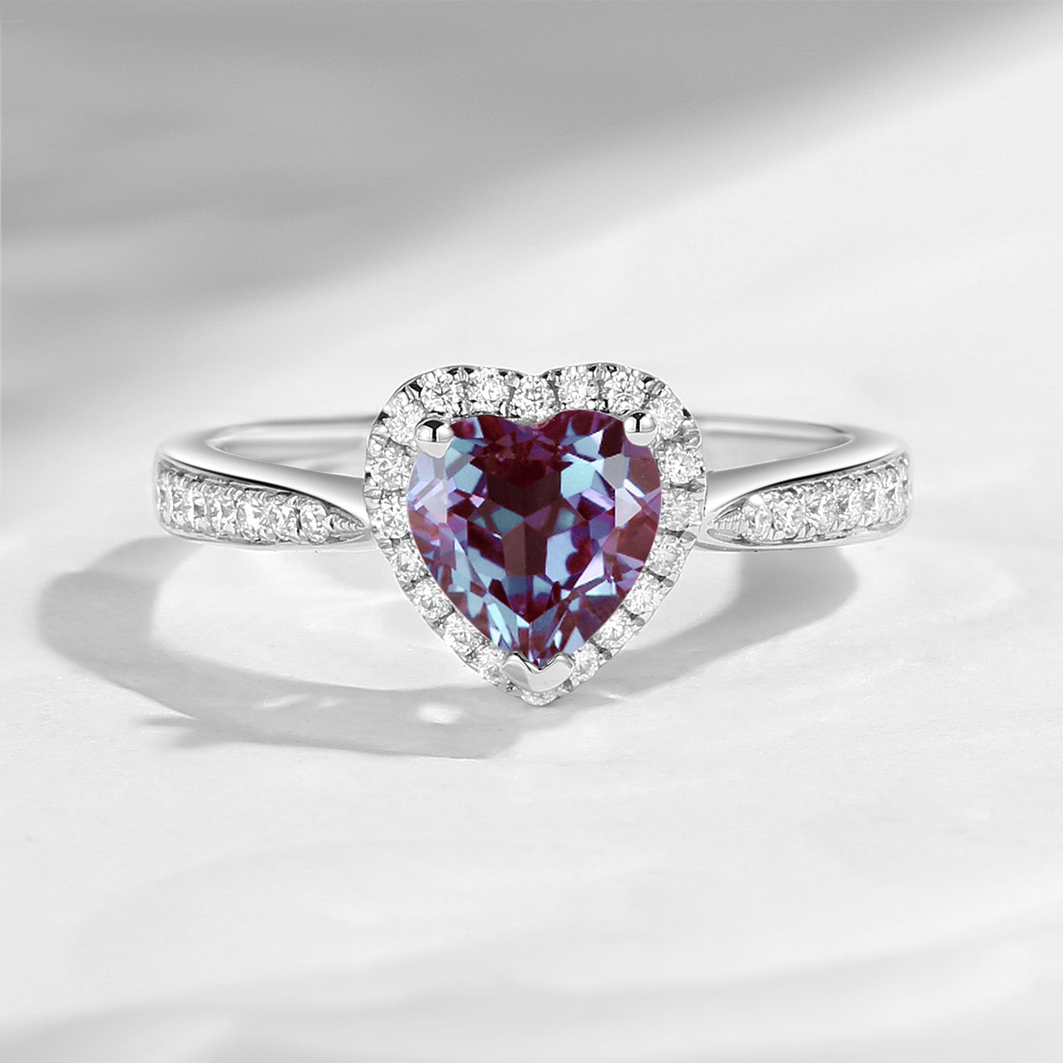 Classic Heart Shaped Halo Lab Alexandrite Promise Ring