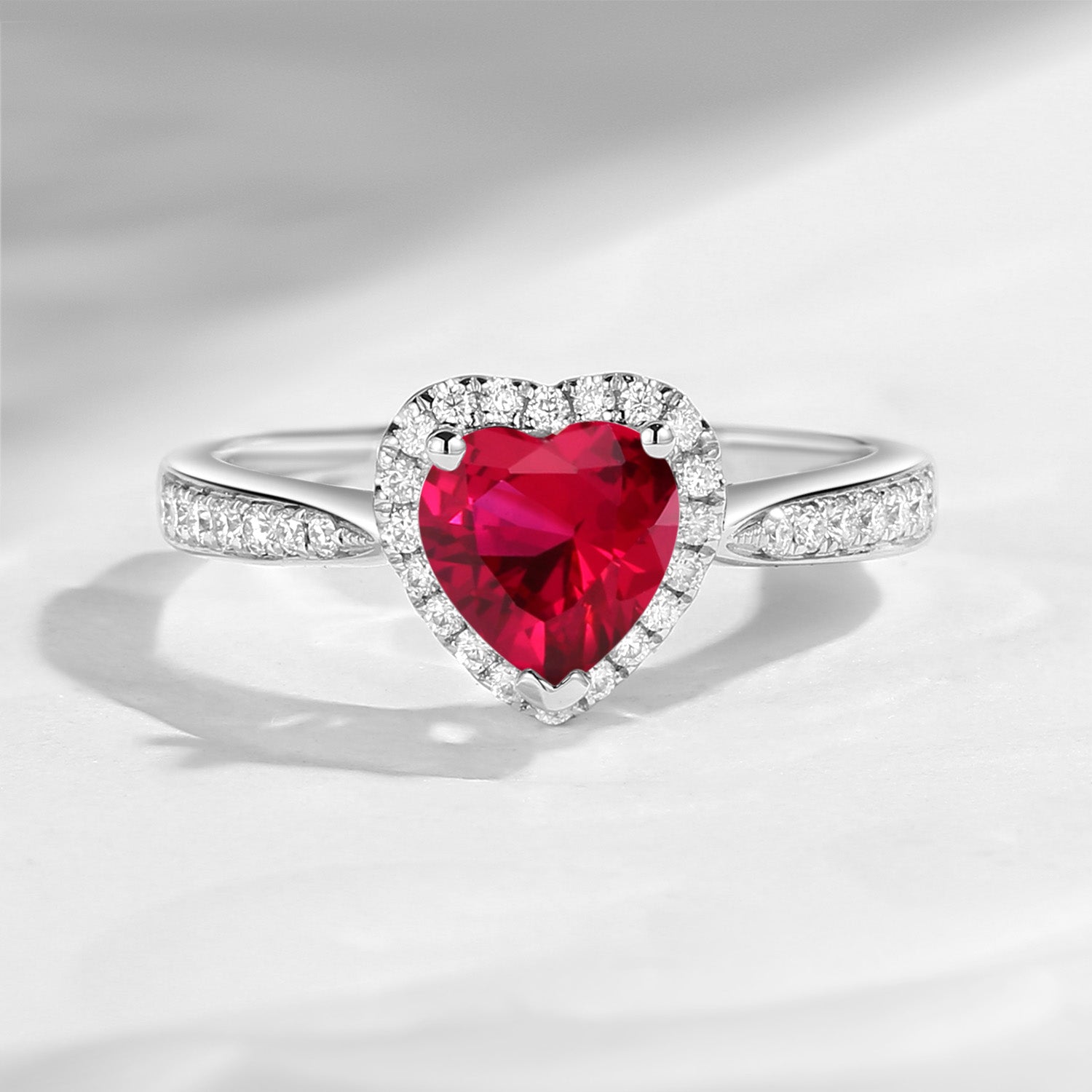 Classic Heart Shaped Halo Lab Ruby Promise Ring