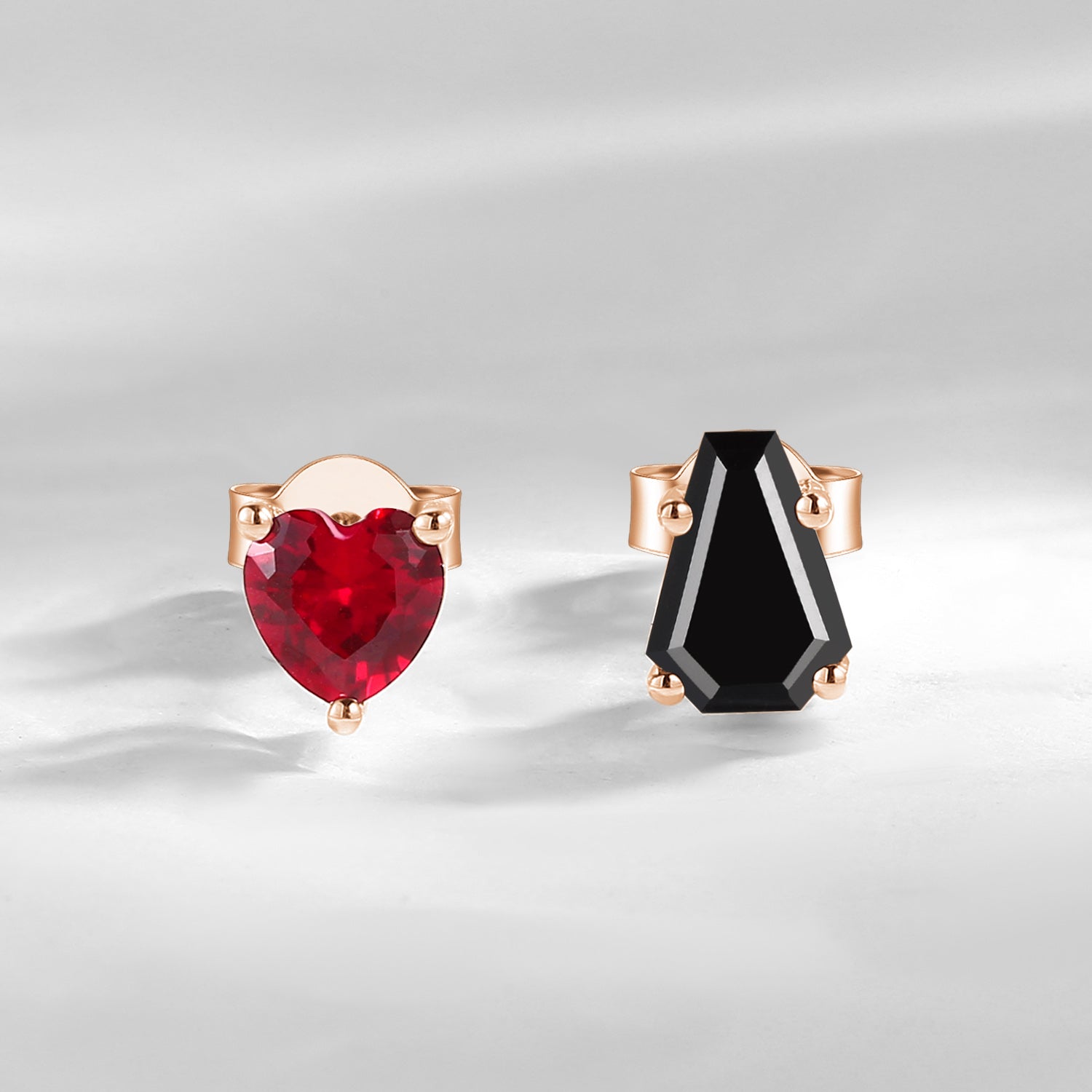 Black Moissanite And Lab Ruby Two Stone Coffin And Heart Cut Earrings - Toi Et Moi Earrings