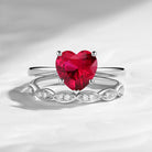 Unique Heart Shaped Solitare Lab Ruby Engagement Ring 2pcs Set