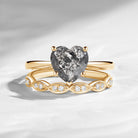 Unique Heart Shaped Solitare Natural Salt And Pepper Diamond Engagement Ring 2pcs Set