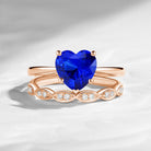 Unique Heart Shaped Solitare Lab Sapphire Engagement Ring 2pcs Set