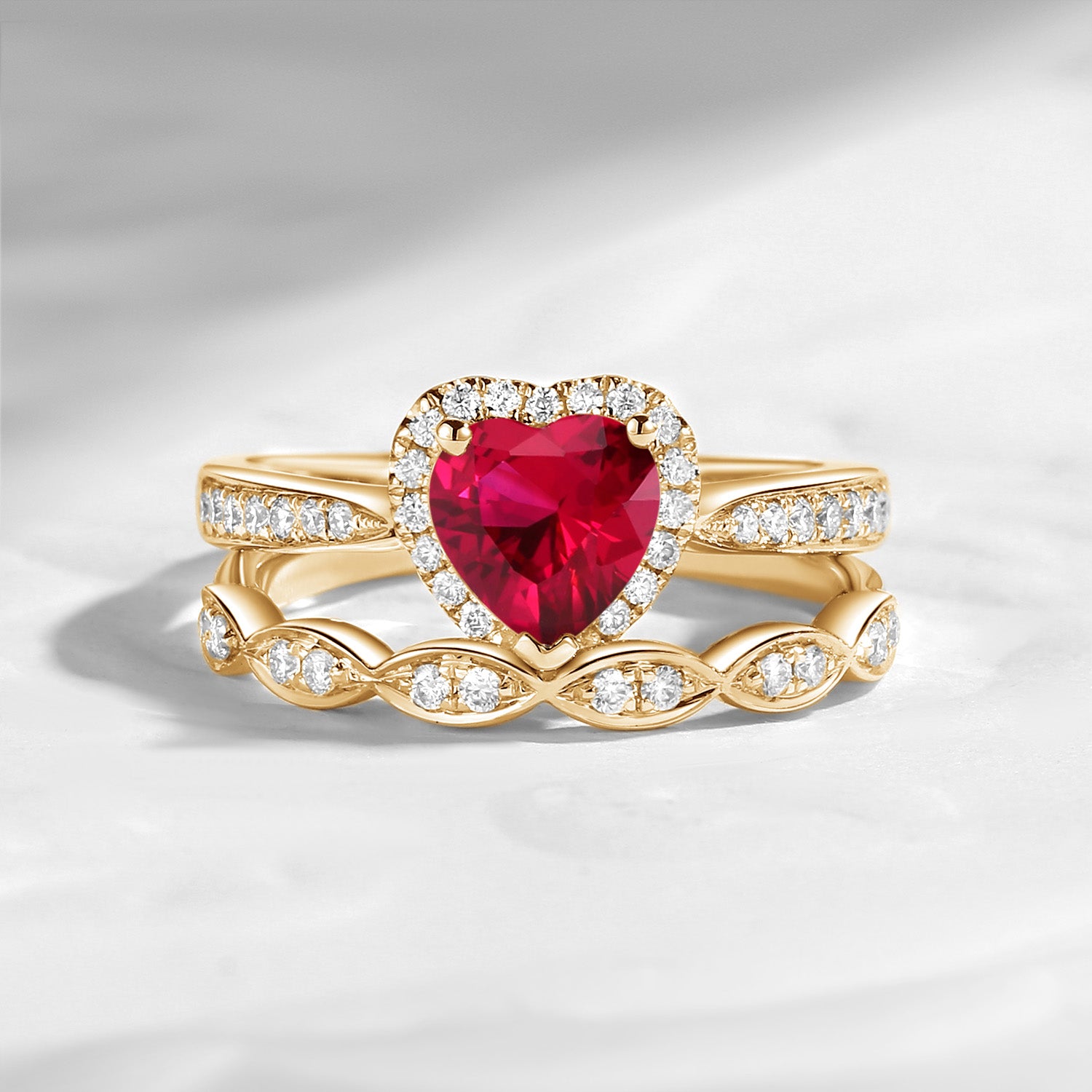 Unique Heart Shaped Halo Lab Ruby Engagement Ring 2pcs Set