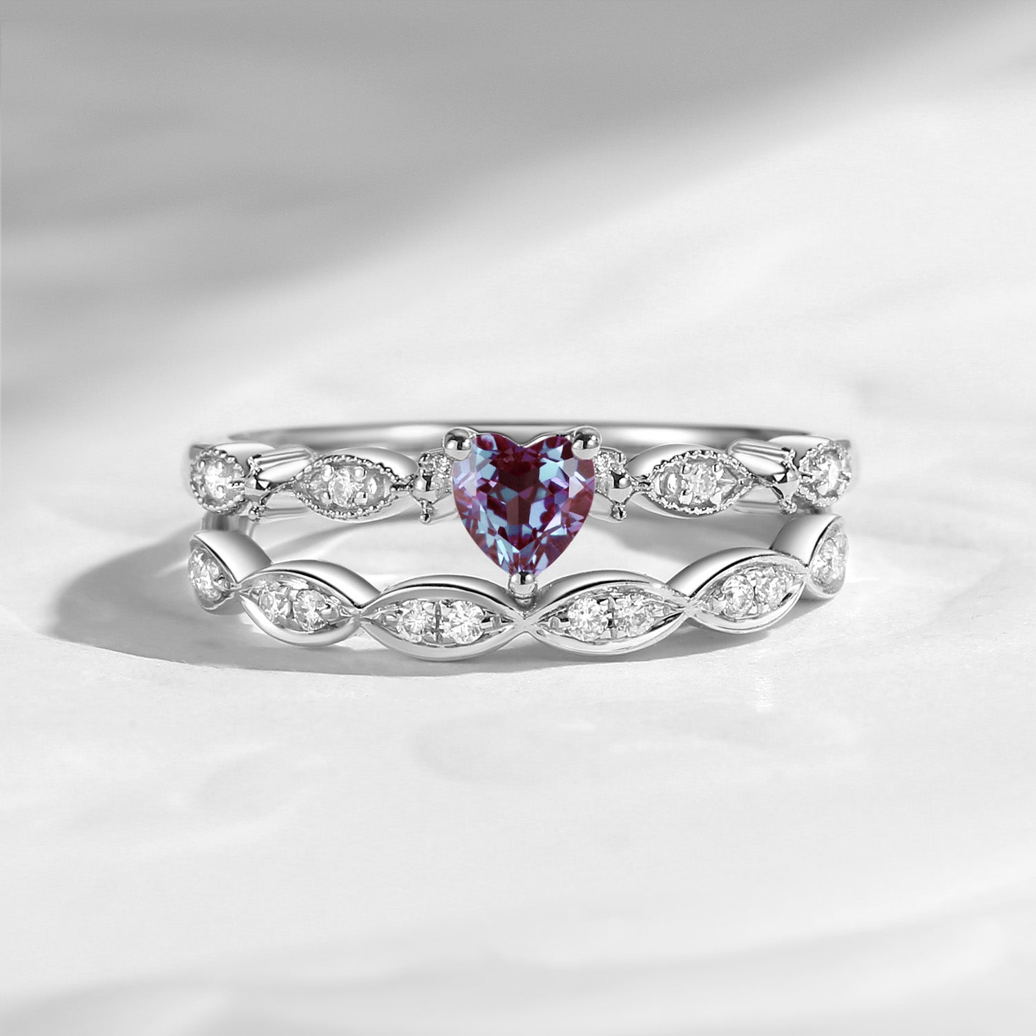 Dainty Heart Shaped Lab Alexandrite Classic Promise Ring Set 2pcs