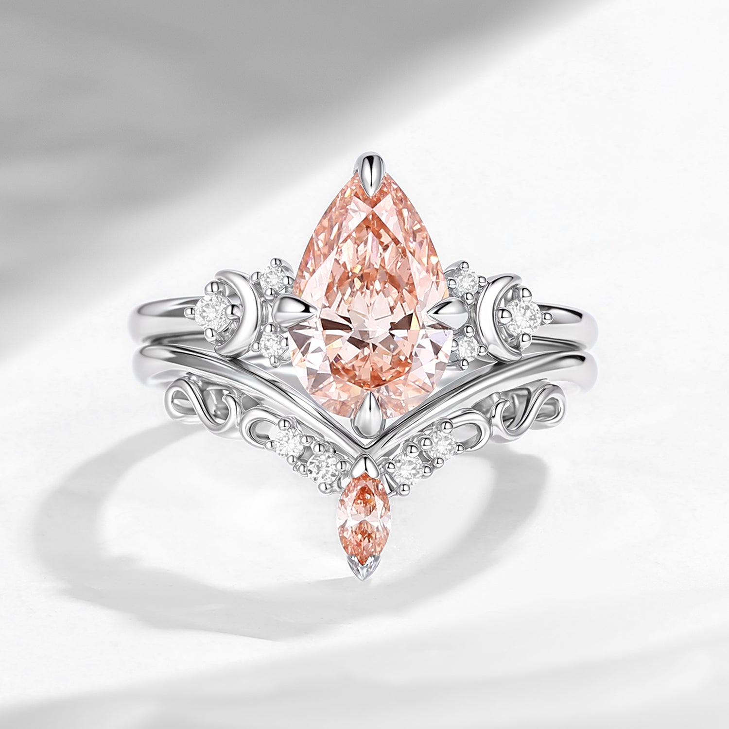 Crescent Moon | Pear Shaped Art Deco Pink Lab Diamond Engagement Ring Set 2pcs