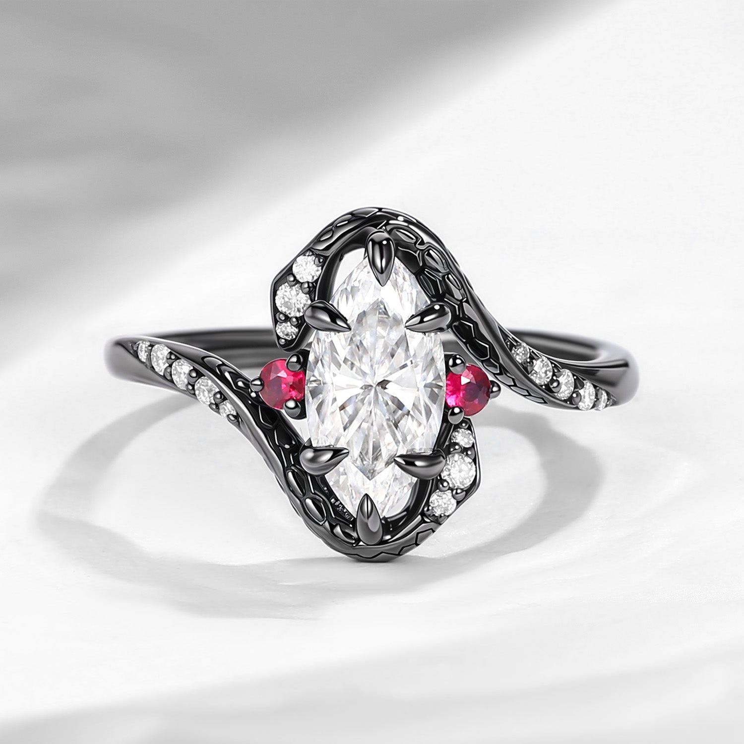 Unique Twist Marquise Cut Moissanite Black Gold Engagement Ring - Serpent's Embrace