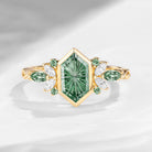 Classic Fantasy Cut Long Hexagon Lab Green Sapphire Butterfly Cluster Engagement Ring