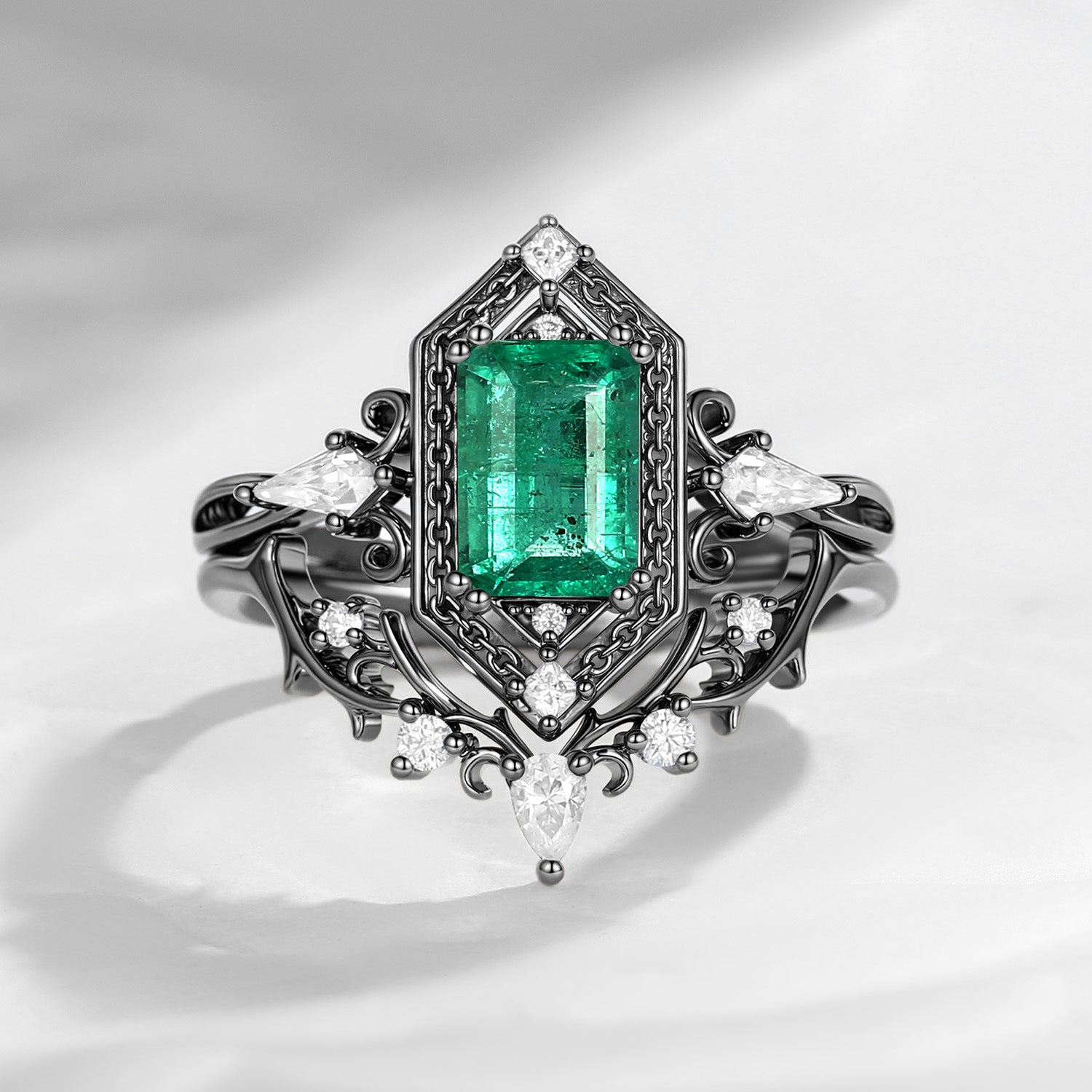 Unique Emerald Cut Natural Emerald 'Fallen Aegis' Gothic Engagement Ring Bridal Set 2pcs