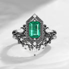Unique Emerald Cut Natural Emerald 'Fallen Aegis' Gothic Engagement Ring Bridal Set 2pcs