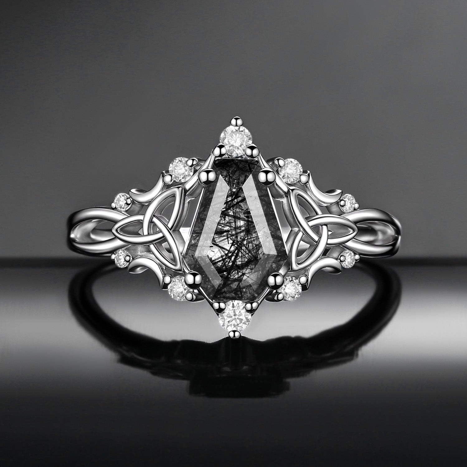 Coffin Black Rutilated Quartz Celtic Engagement Ring