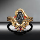 'Serpent's Eclipse' - Gothic Coffin Black Rutilated Quartz Celestial Snake Ring Set with Sun, Moon & Stars Motif
