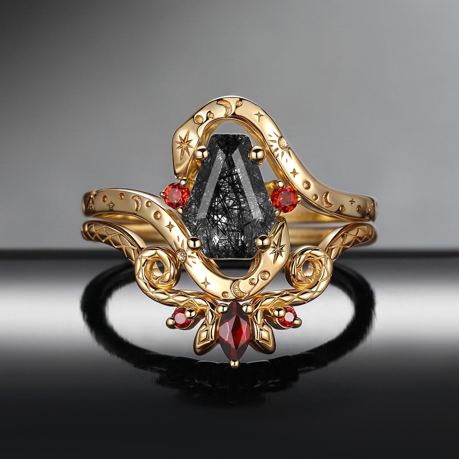 'Serpent's Eclipse' - Gothic Coffin Black Rutilated Quartz Celestial Snake Ring Set with Sun, Moon & Stars Motif