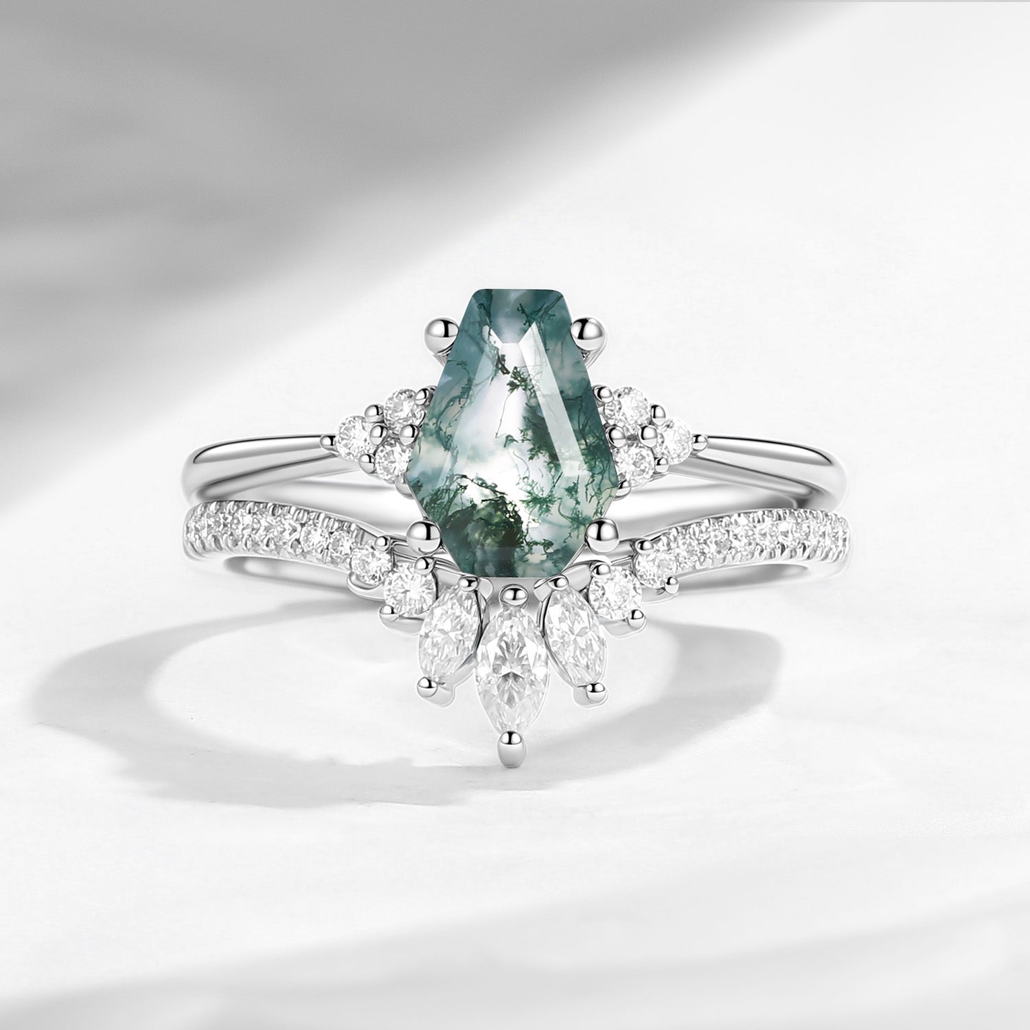 Classic Coffin Cut Moss Agate Engagement Set 2pcs - White Dress