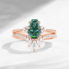 Coffin Cut Green Moissanite Cluster Engagement Set 2pcs - White Dress