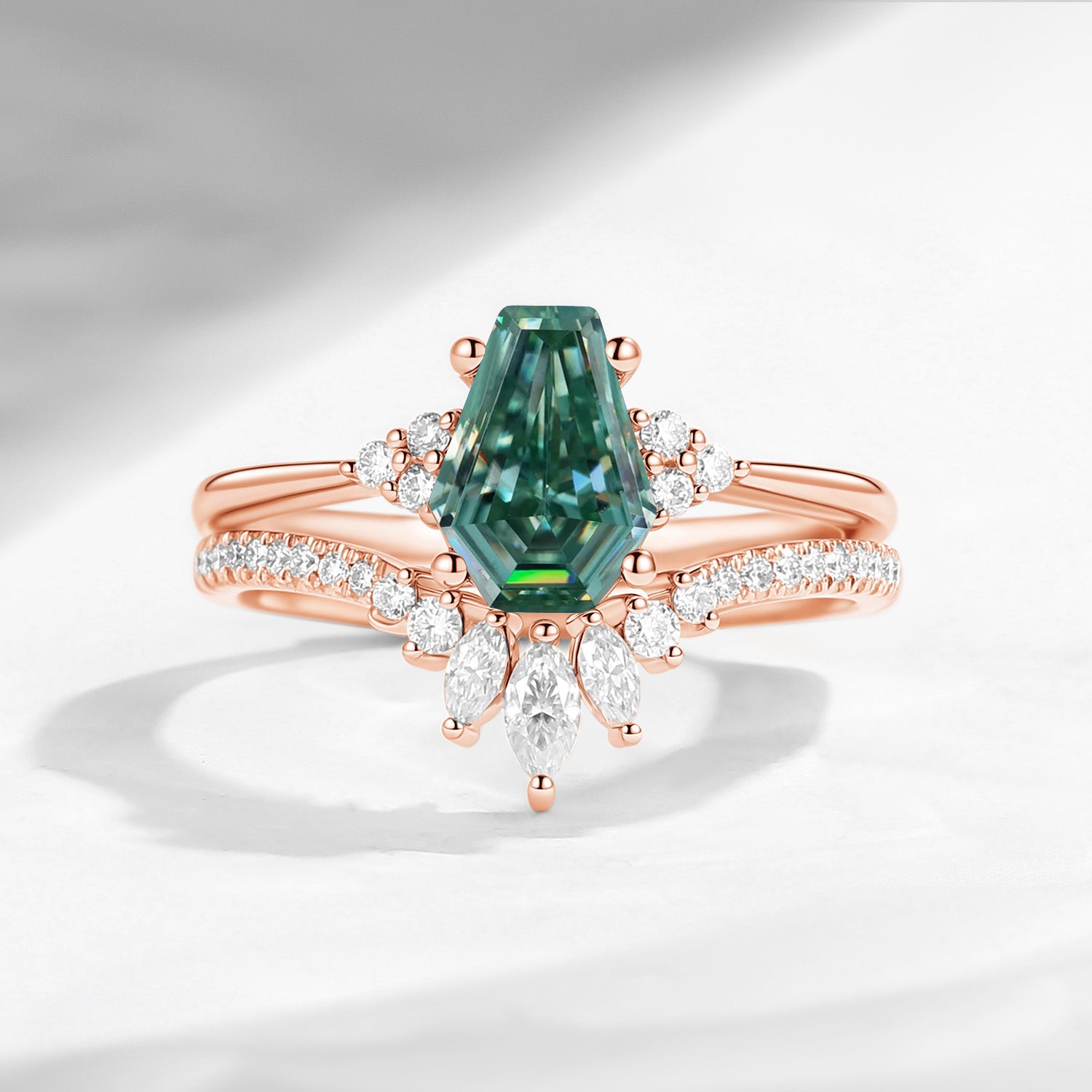 Coffin Cut Green Moissanite Cluster Engagement Set 2pcs - White Dress