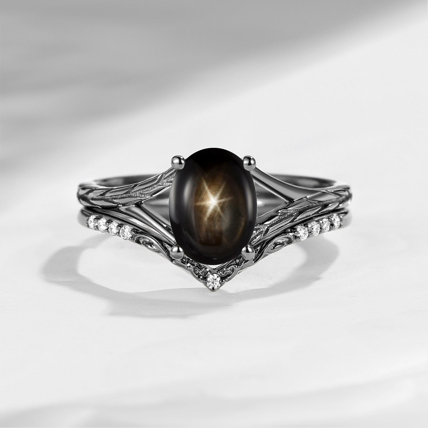 Nature Inspired Oval Cut Natural Black Star Sapphire Textured Engagement Ring Set 2pcs