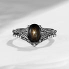 Nature Inspired Oval Cut Natural Black Star Sapphire Textured Engagement Ring Set 2pcs