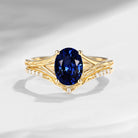 Nature Inspired Oval Cut Natural Sapphire Textured Engagement Ring Set 2pcs