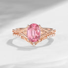 Nature Inspired Oval Cut Natural Pink Tourmaline Textured Engagement Ring Set 2pcs