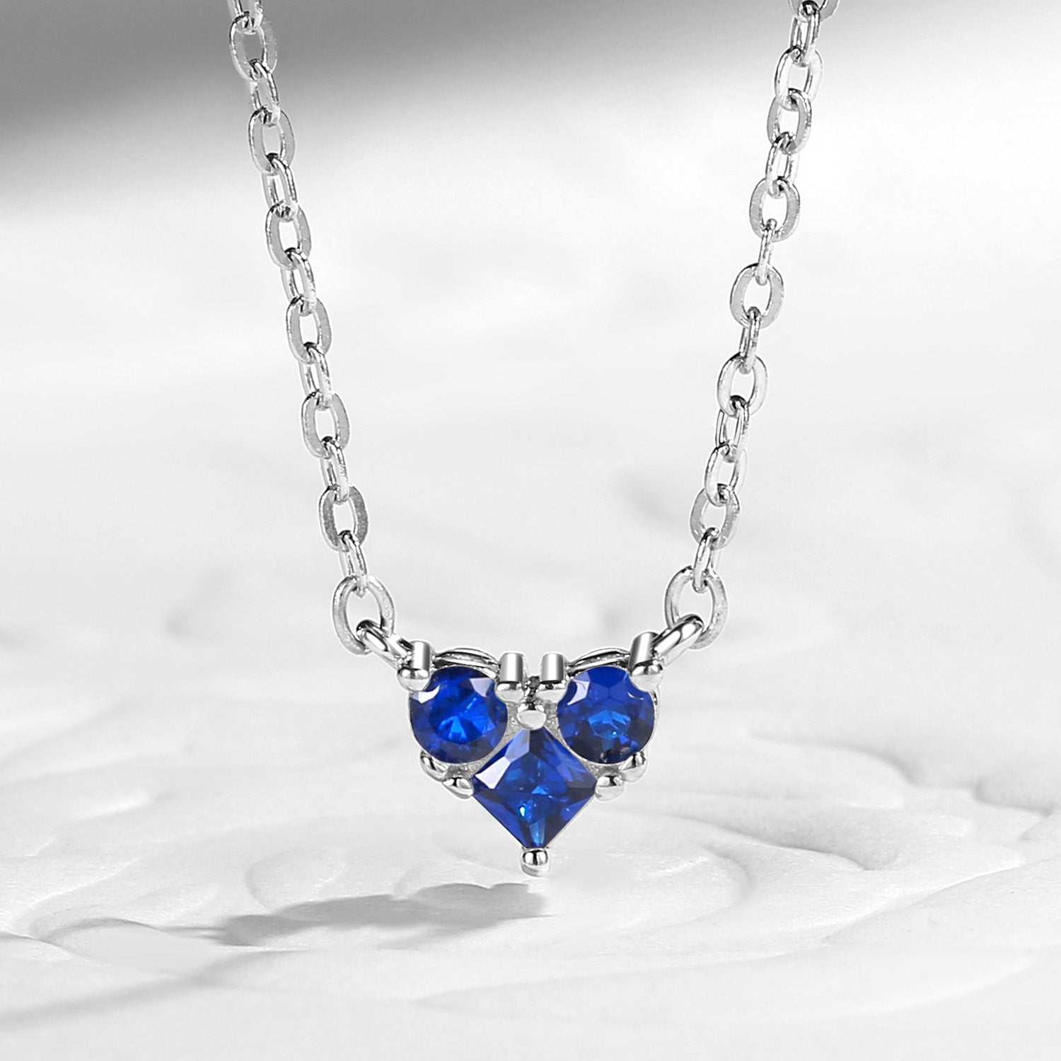 Three Stones Delicate Jewelry Heart Shaped Lab Sapphire Necklace