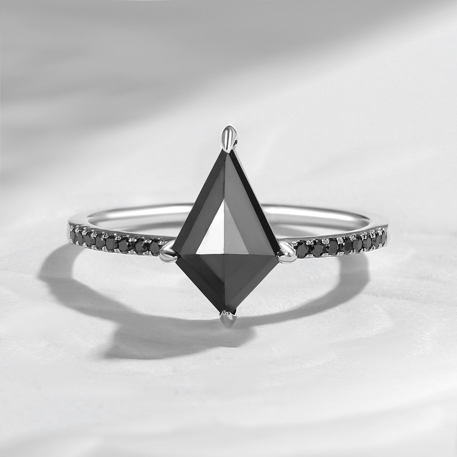 Unique Kite Shaped Black Diamond Hidden Halo Engagement Ring