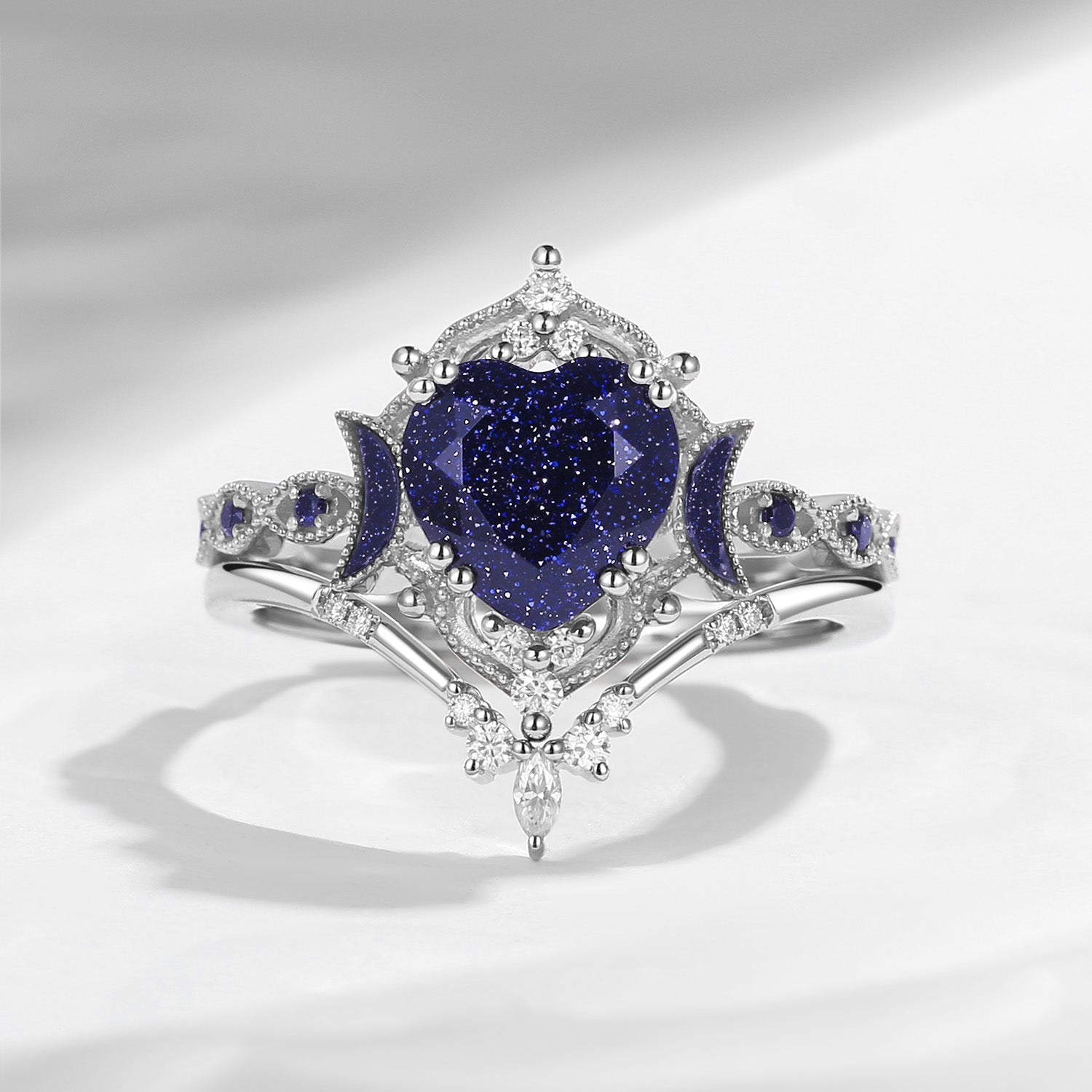 Crescent Moon | Heart Shaped Blue Sandstone 'Ultra Galaxy' Engagement Ring Set 2pcs