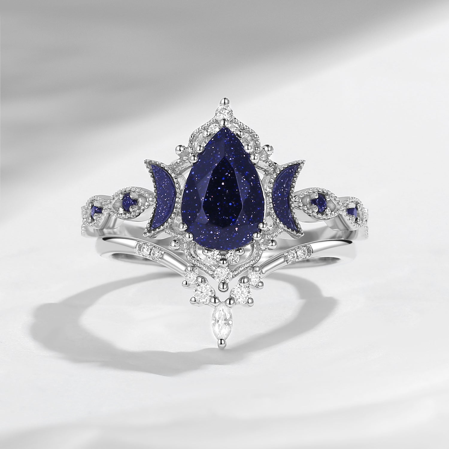 Crescent Moon | Pear Cut Blue Sandstone 'Ultra Galaxy' &nbsp;Engagement Ring Set 2pcs