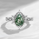 Crescent Moon | Unique Pear Shaped Moss Agate Engagement Ring