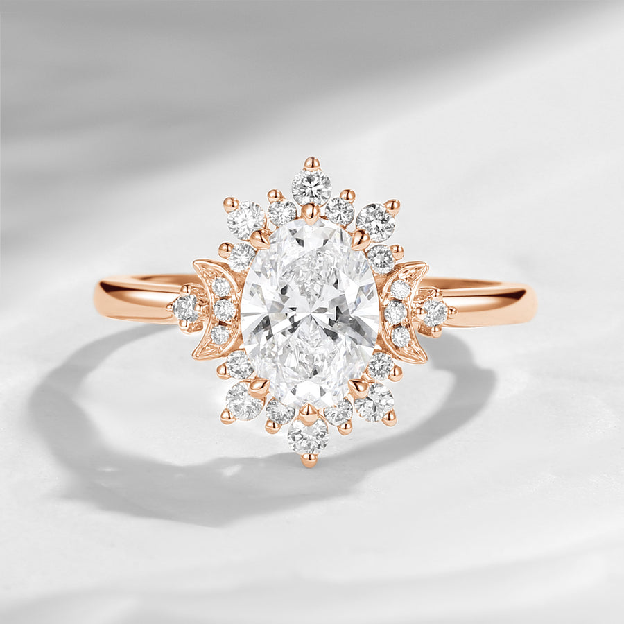 Oval lab diamond crescent moon halo alternative engagement ring