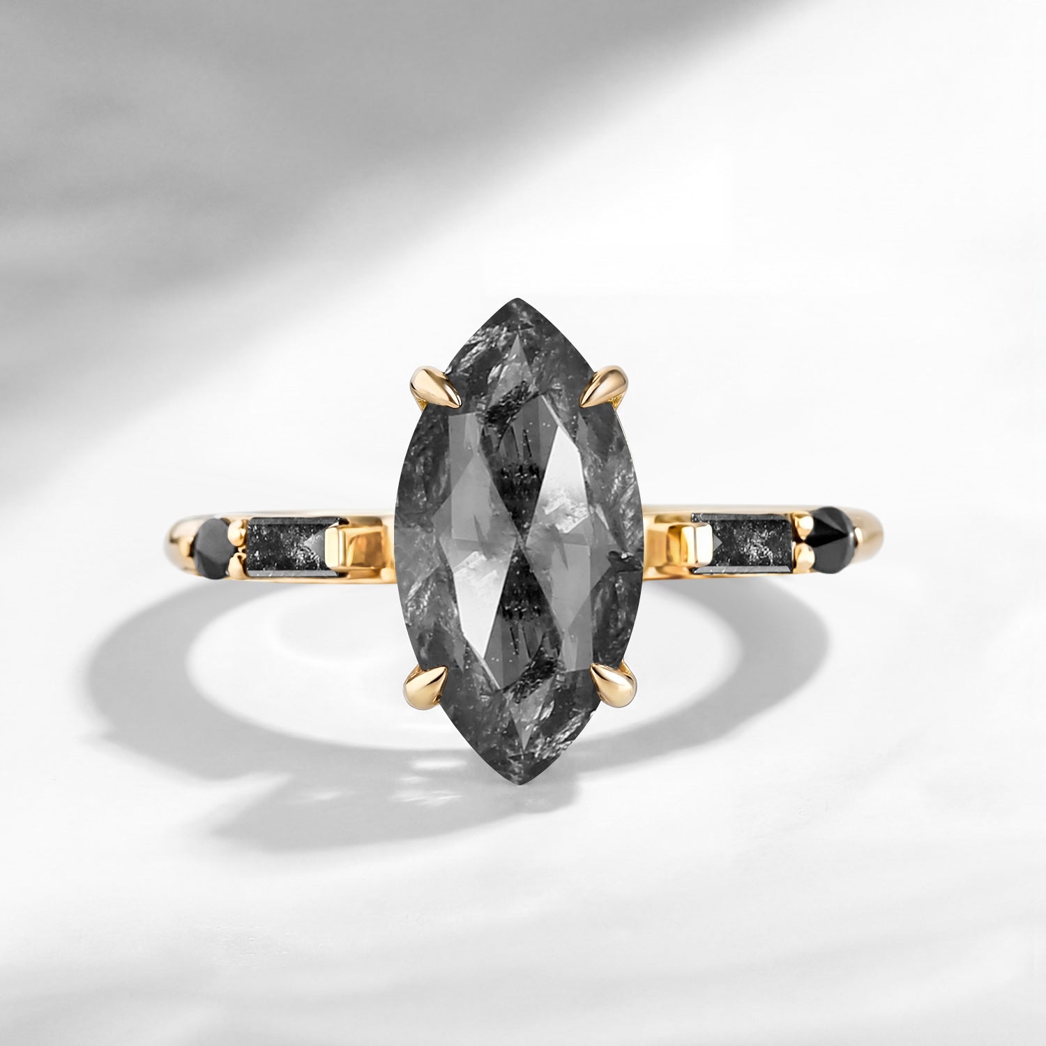 Vintage Inspired - Marquise Cut Natural Salt &amp; Pepper Diamond Engagement Ring