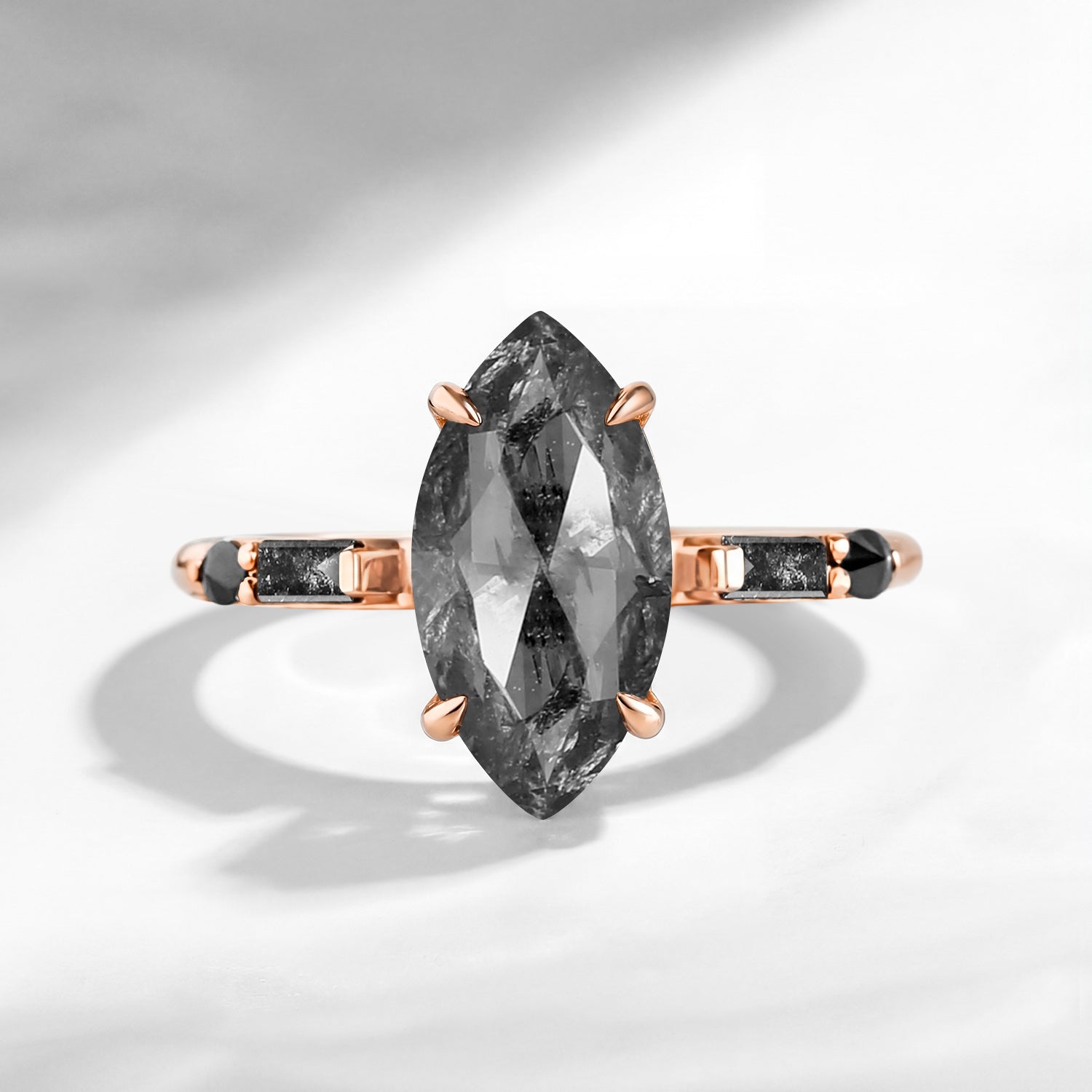 Classic Inspired - Marquise Cut Natural Salt & Pepper Diamond Engagement Ring