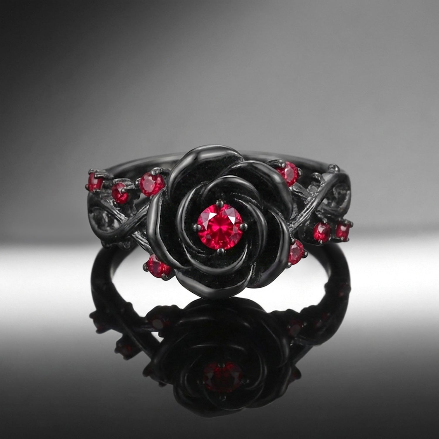 Nature Inspired Dark Crimson Rose Round Ruby Infinity Twisted Vine Engagement Ring - 'Thorns & Roses'