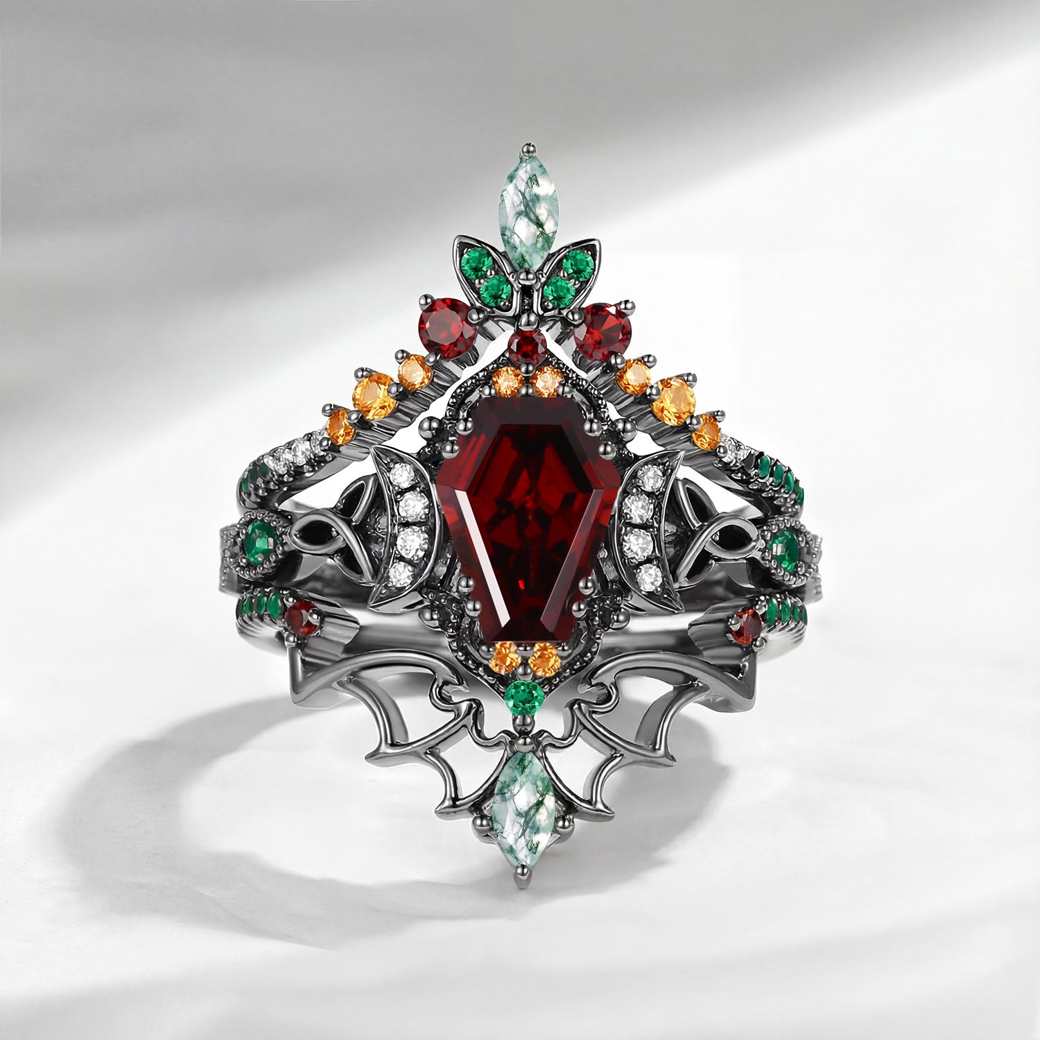 Crescent Moon | Coffin Cut Garnet Black Gold Celtic Knot Engagement Ring Set 3pcs