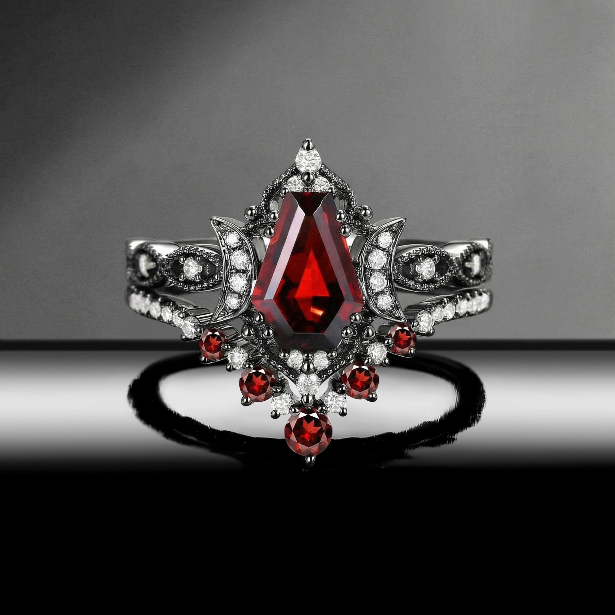 Crescent Moon | Coffin Cut Garnet 'Black Statement' Ring Set 2pcs