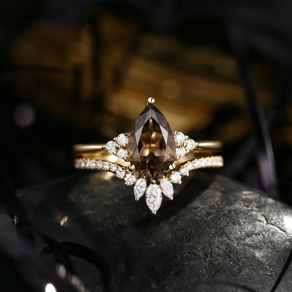 Pear Cut Smokey Quartz Cluster Engagement Ring Set 2pcs - Vivian