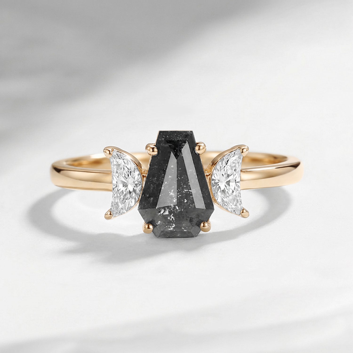 Crescent Moon - Classic Coffin Cut Salt & Pepper Diamond Three-Stone Engagement Ring with Half Moon Accents