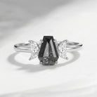 Crescent Moon - Classic Coffin Cut Salt & Pepper Diamond Engagement Ring with Half Moon Accents