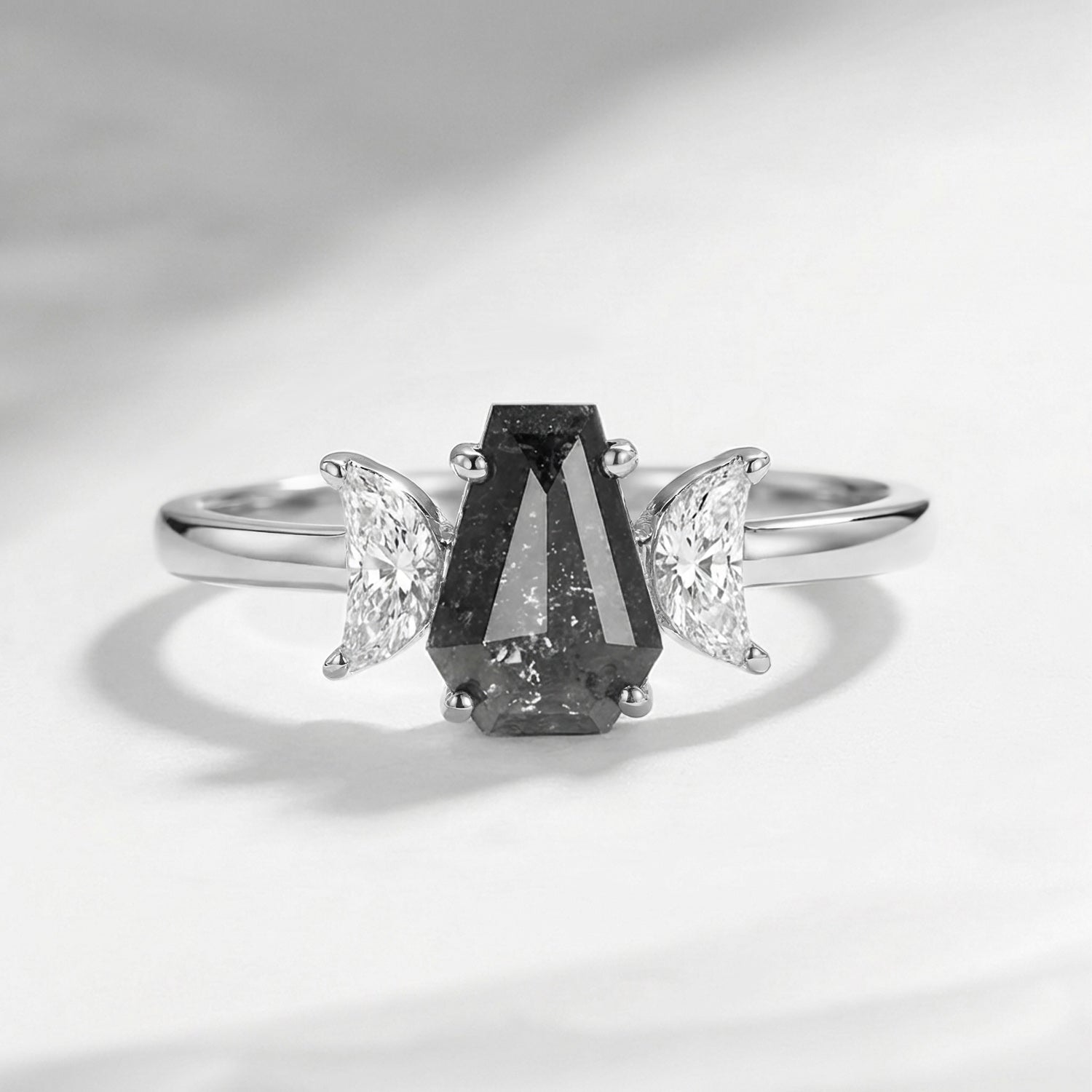 Crescent Moon - Classic Coffin Cut Salt & Pepper Diamond Engagement Ring with Half Moon Accents