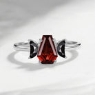 Crescent Moon - Classic Coffin Cut Garnet Three-Stone Engagement Ring with Half Moon Accents