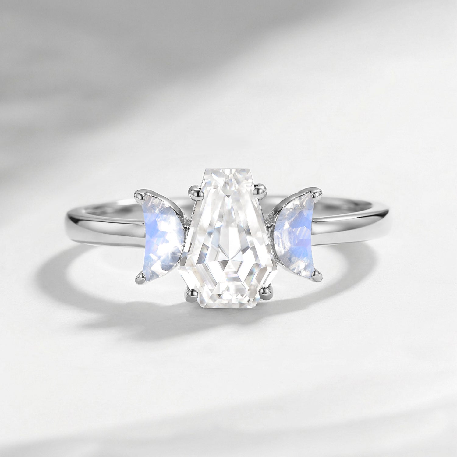 Crescent Moon - Classic Coffin Cut Moissanite Three-Stone Engagement Ring with Half Moon Accents