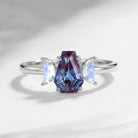 Crescent Moon - Classic Coffin Cut Lab Alexandrite Three-Stone Engagement Ring with Half Moon Accents