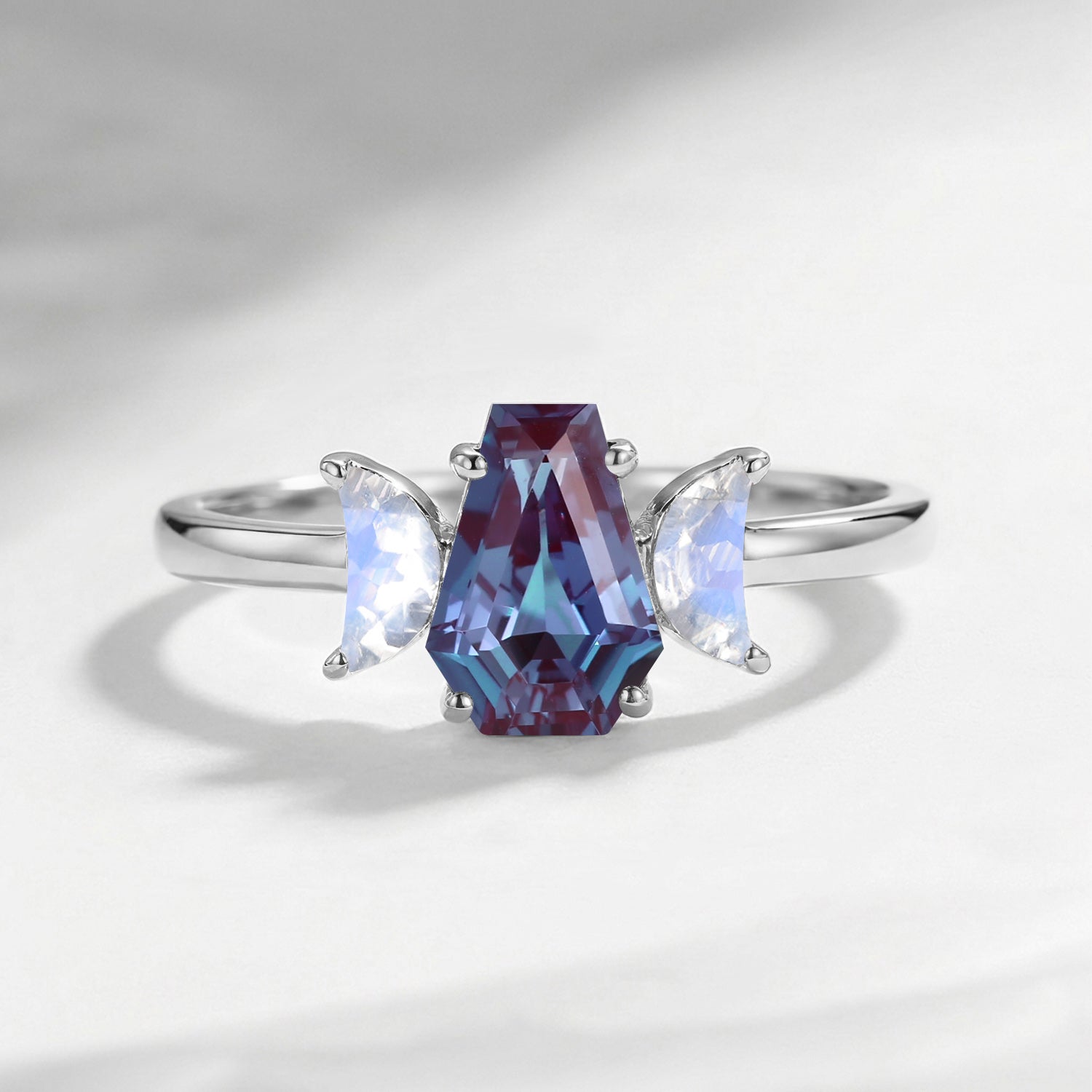 Crescent Moon - Classic Coffin Cut Lab Alexandrite Three-Stone Engagement Ring with Half Moon Accents