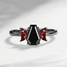 Crescent Moon - Classic Coffin Cut Black Moissanite Three-Stone Engagement Ring with Half Moon Accents