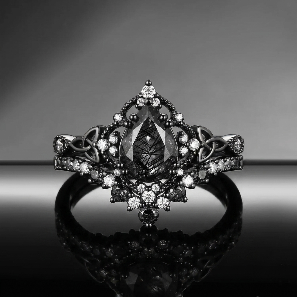 Celtic Rings - Vintage Inspired Pear Cut Black Rutilated Quartz Celtic Engagement Ring Set with Milgrain Detailing