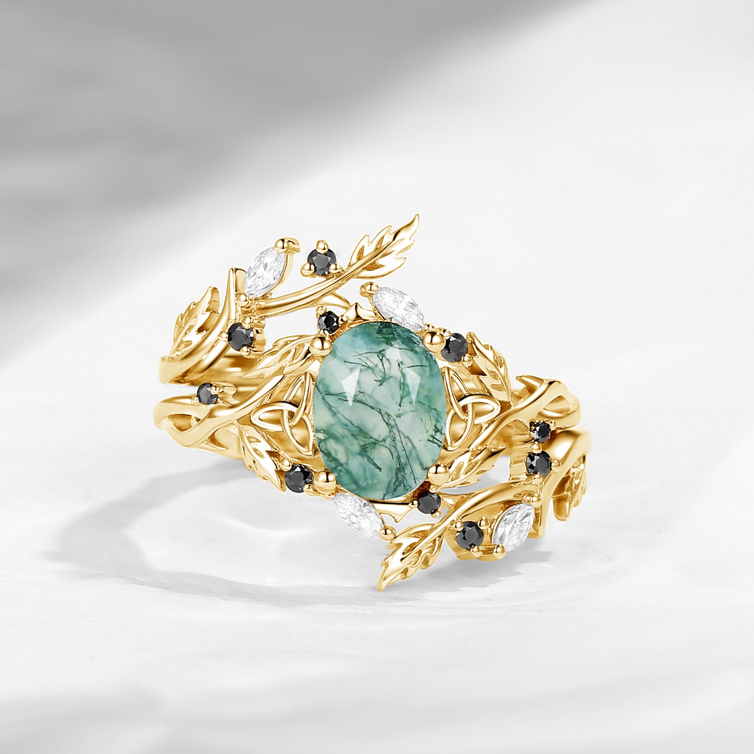 Nature Inspired Celtic Twist Oval Cut Moss Agate Hawthorn Leaf Engagement Ring Set 2pcs